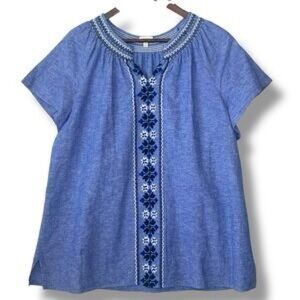Talbots Blue Embroidered Linen Peasant Blouse XL